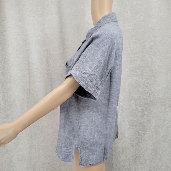 Lola River Gray Linen Tencel Button Down Cuffed Short Drop Sleeve Top Blouse - Picture 2 of 9